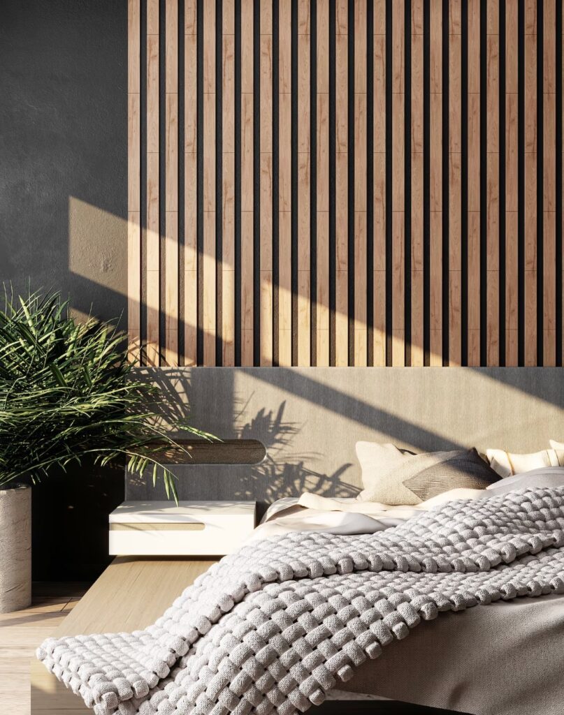 chambre lit double cosy rustique nature mur noir plaid blanc