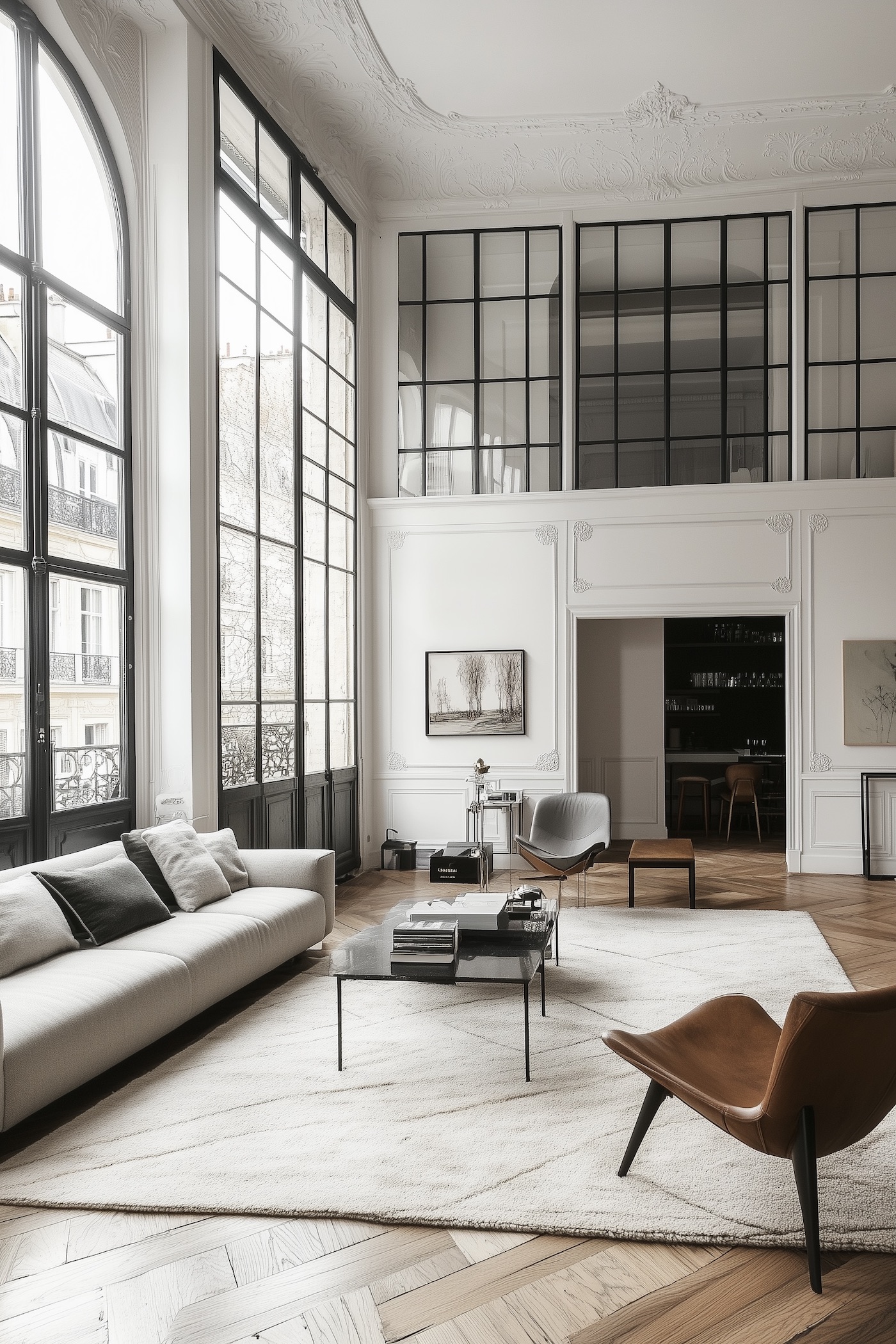 aménagement salon haut plafond loft Paris
