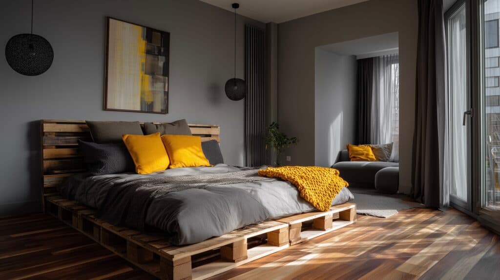 chambre jaune moutarde coussin mur gris lit bois diy