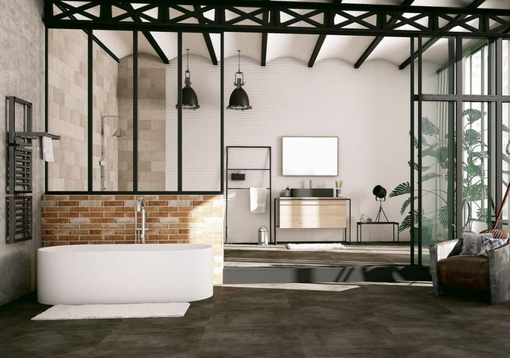 envie de salle de bain industrielle brique beton verriere