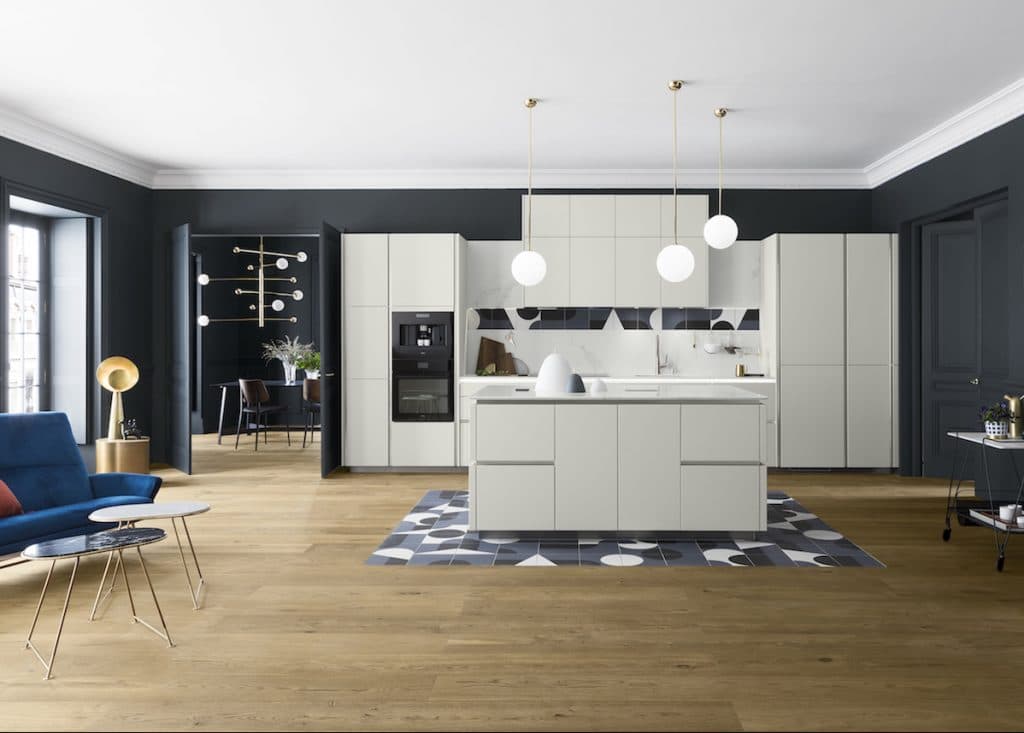 cuisne perene sans poignée ilot central blanche