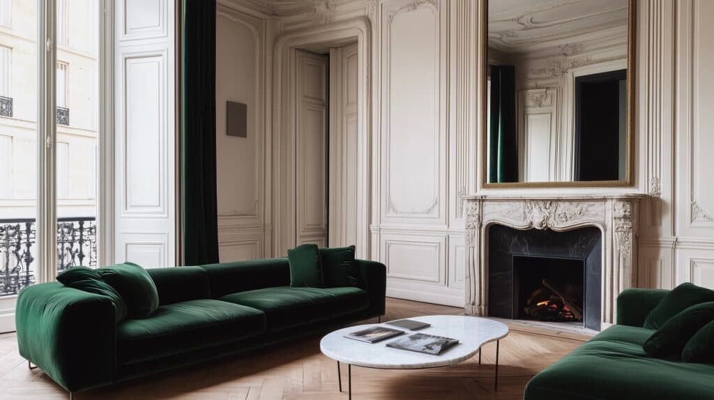 déco parisienne nuance de vert salon canapé velours