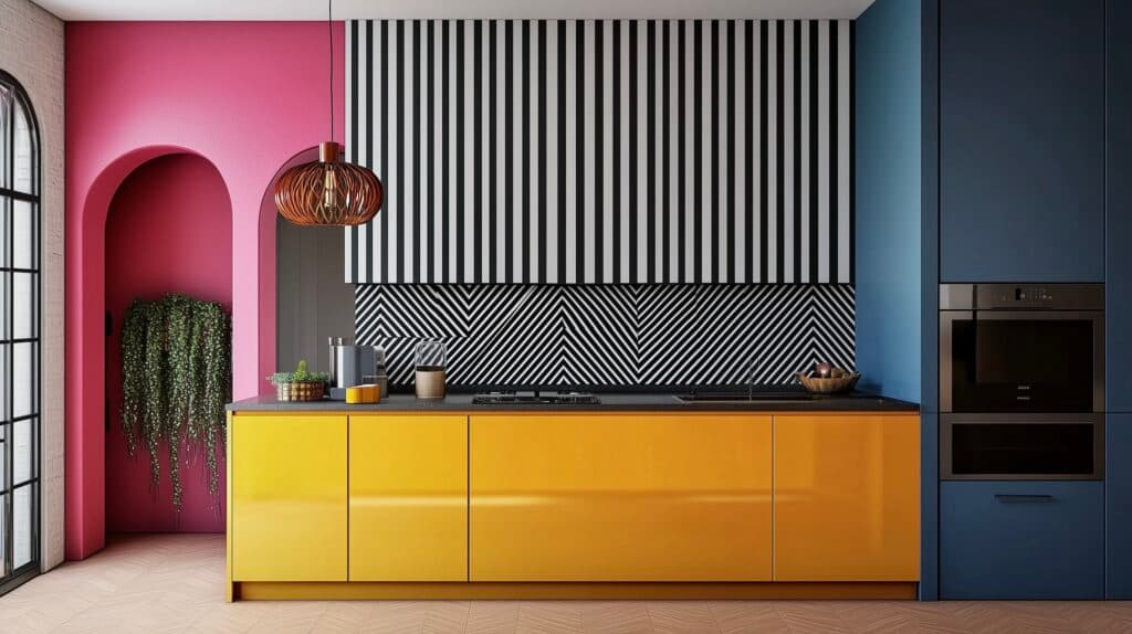 déco graphic cuisine tricolore rose jaune bleue