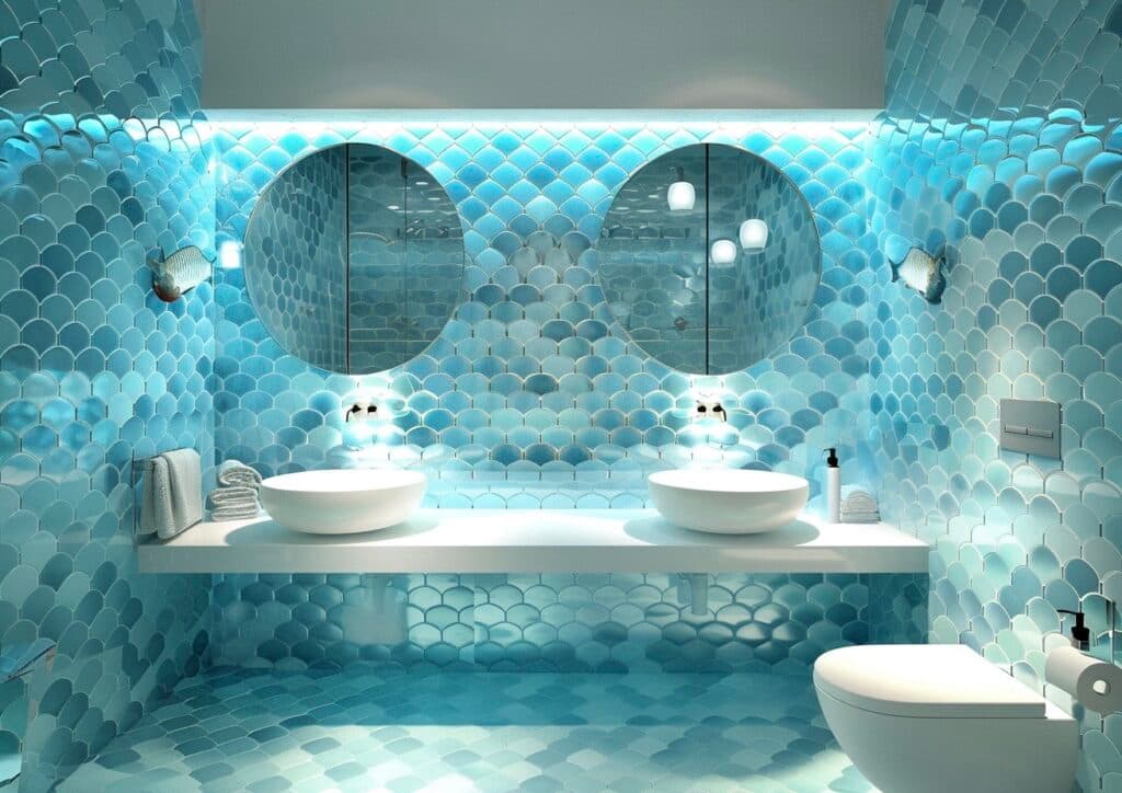 carrelage écaille de poisson salle de bains turquoise - blog déco