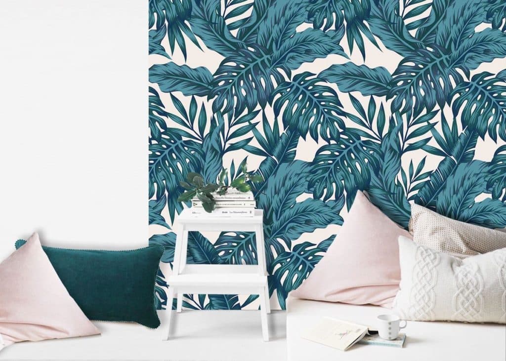 papier autocollant mur tropical coin détente lumineux vert canard rose pastel