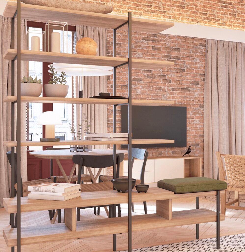 bibliothèque bois métal séparation deux pièces cuisine ouverte studio étudiant