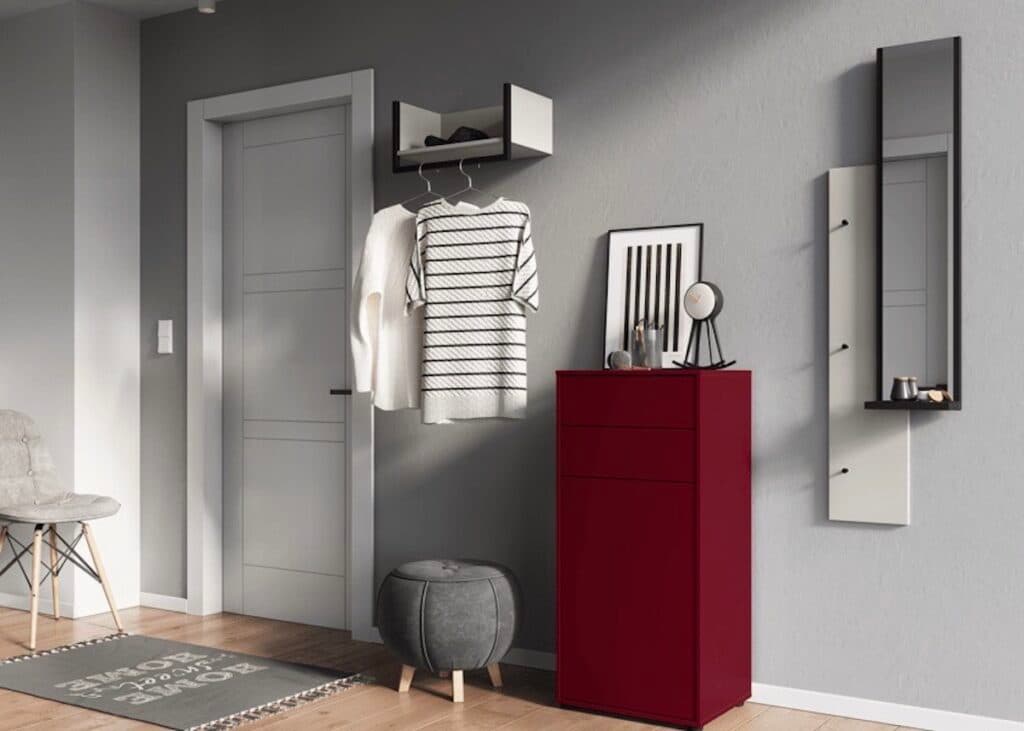 miroir entrée moderne meuble chaussure rouge pouf tapis