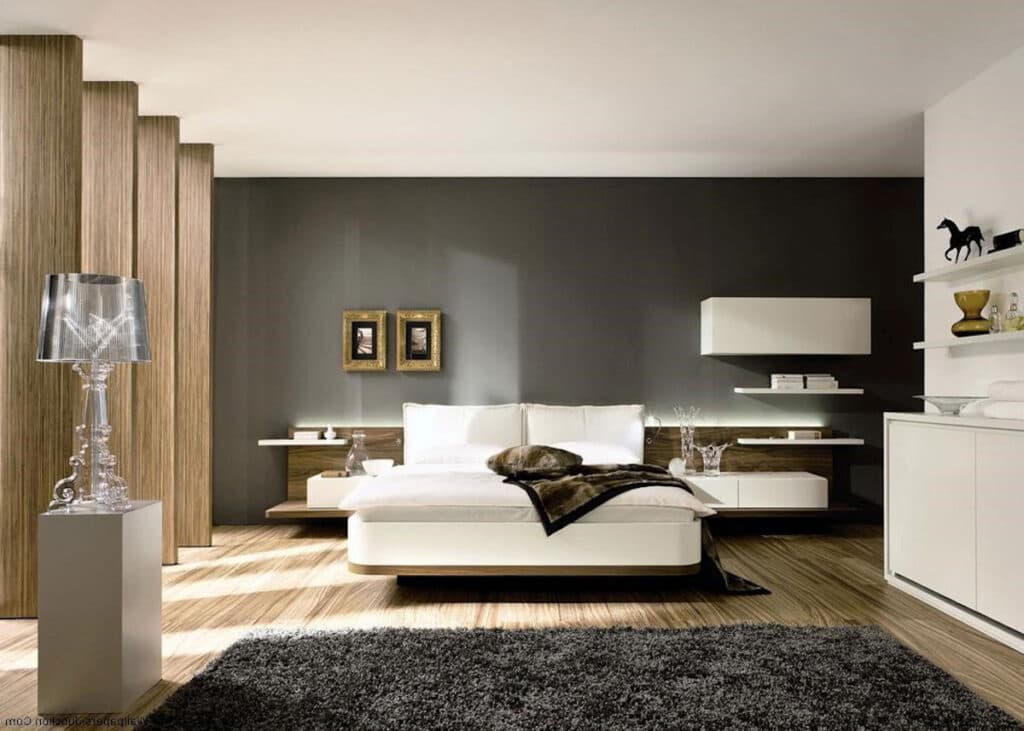 chambre déco chic design mur noir gris foncé meuble bois blanc