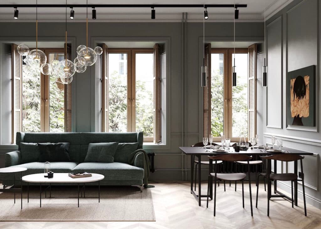 appartement aux murs foncés vert gris moderne chic