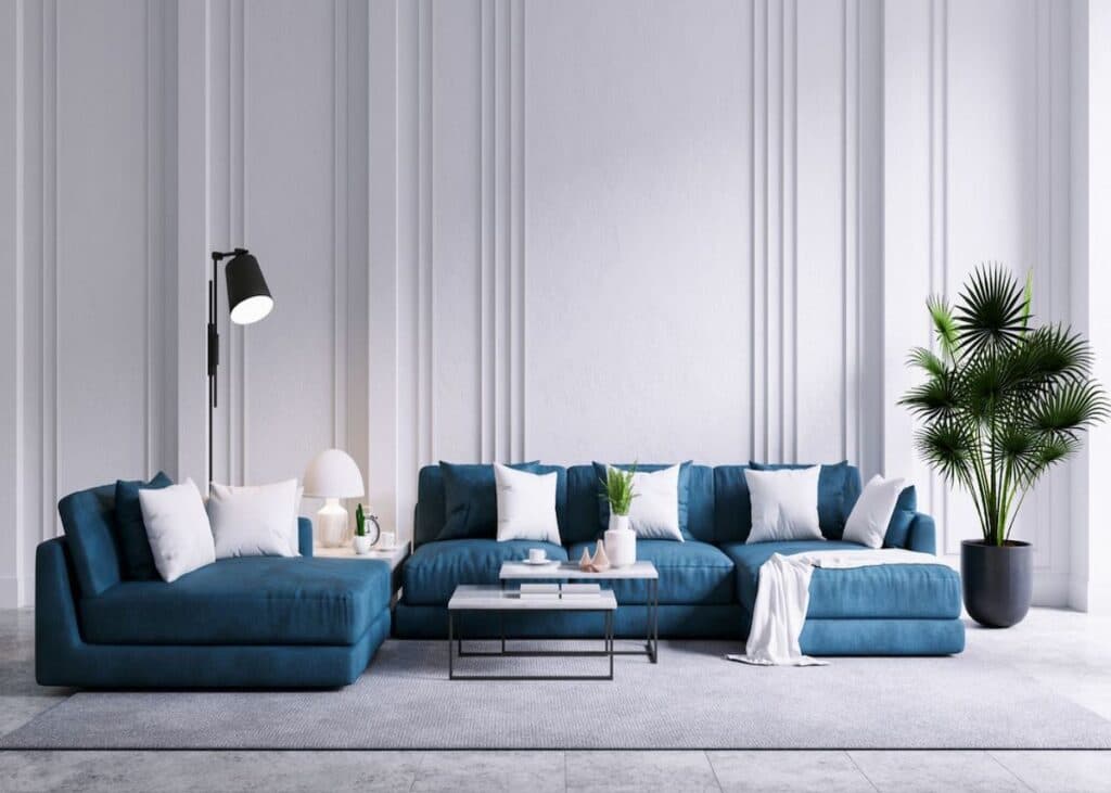 canapé bleu pétrole idée décoration intérieure élégant