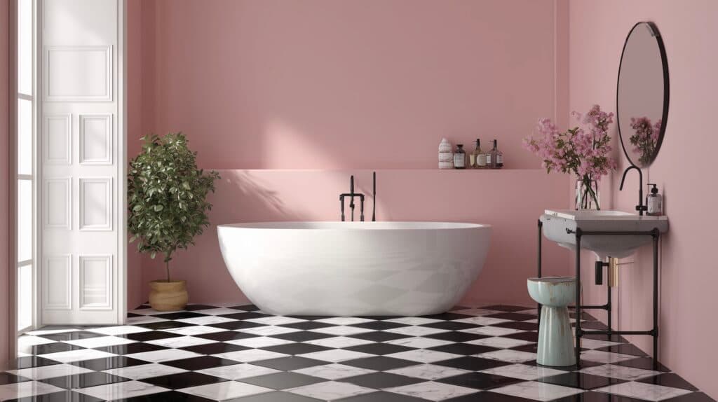 déco damier carrelage noir blanc salle de bains rose