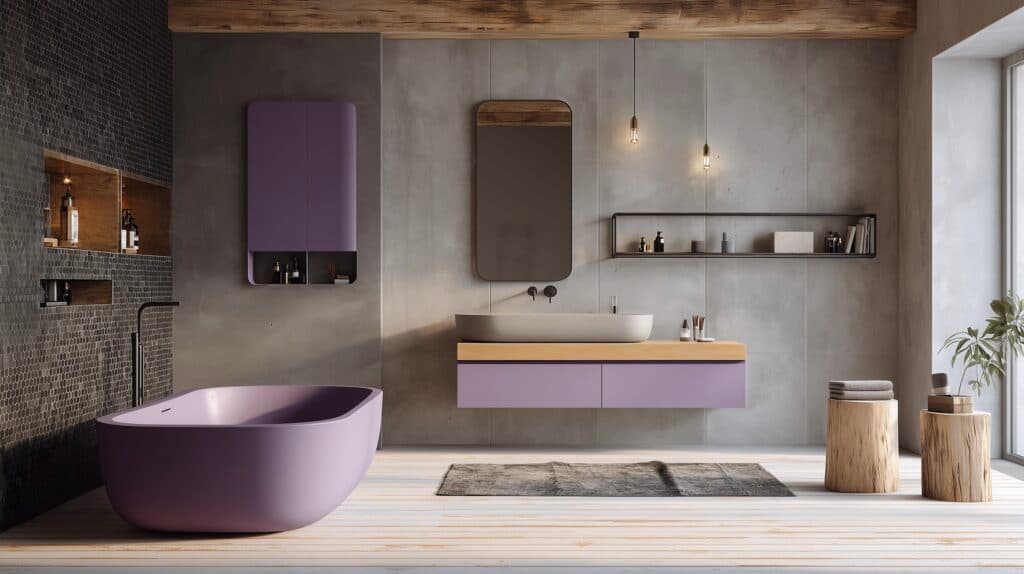 décoration couleur parme grise bois salle de bain