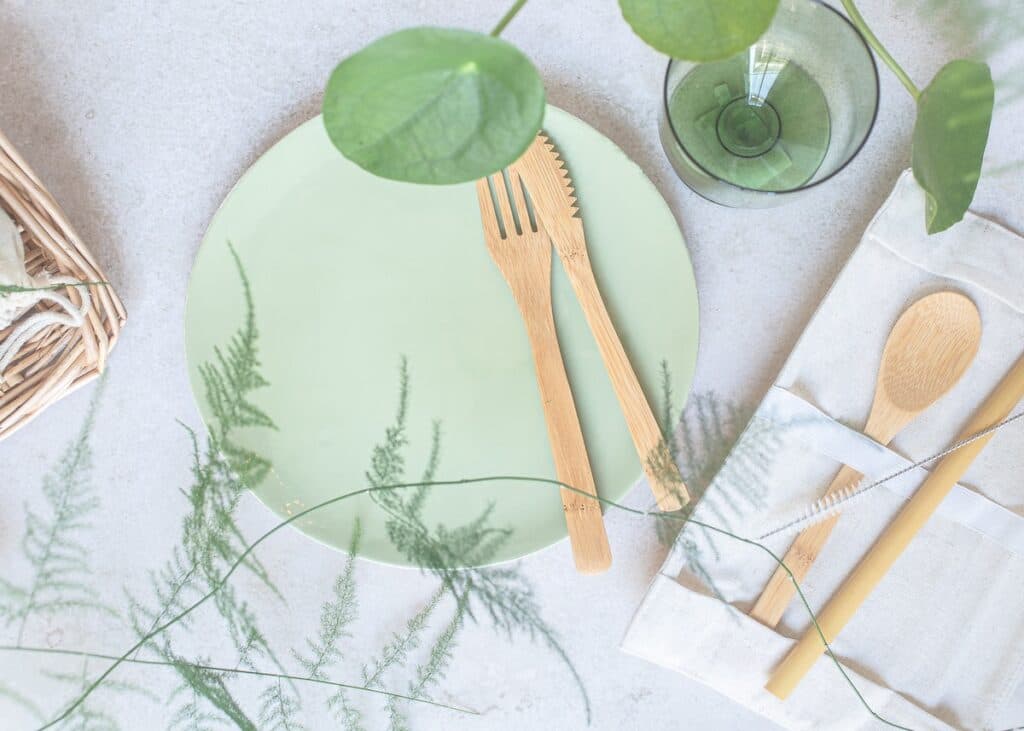 assiette ronde vert clair vert pastel couvert bois astuce bio écolo