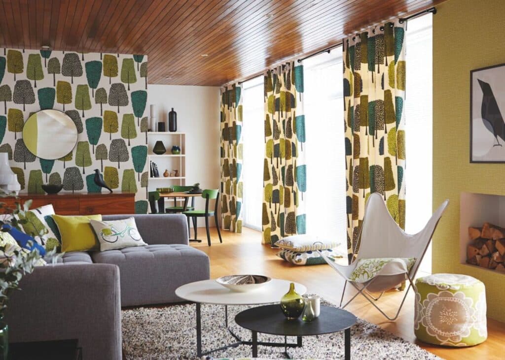 deco interieure salon vintage jaune vert bois