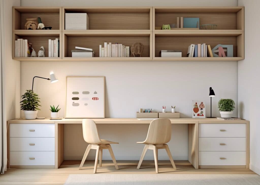 bureau double jumeau bois avec rangement mural