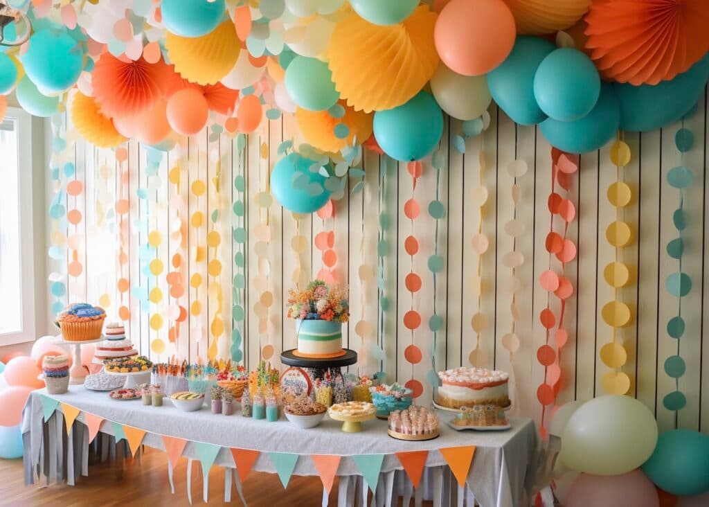 fête anniversaire buffet confetti guirlande