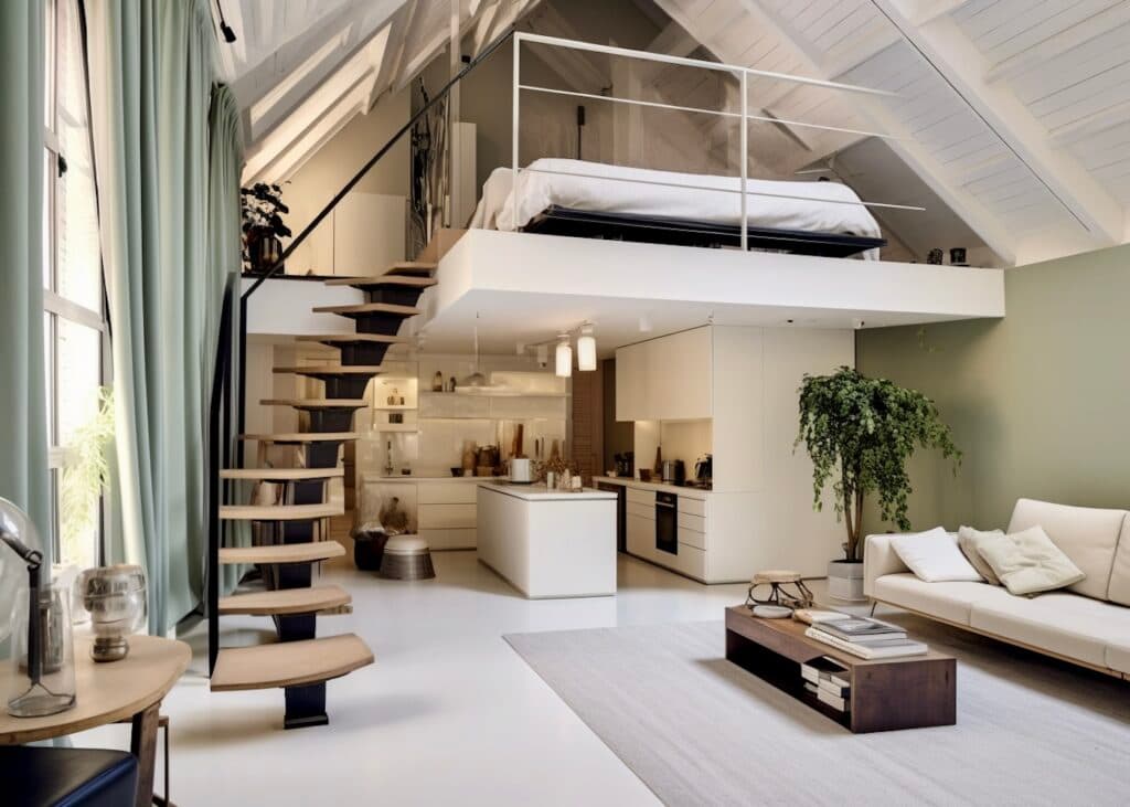 chambre mezzanine escalier blanc appartement sous les toits