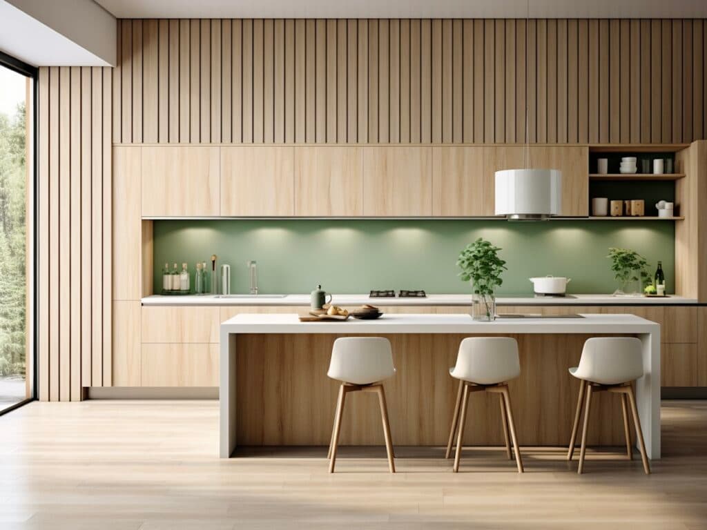 cuisine verte eucalyptus bois chêne clair déco moderne nature