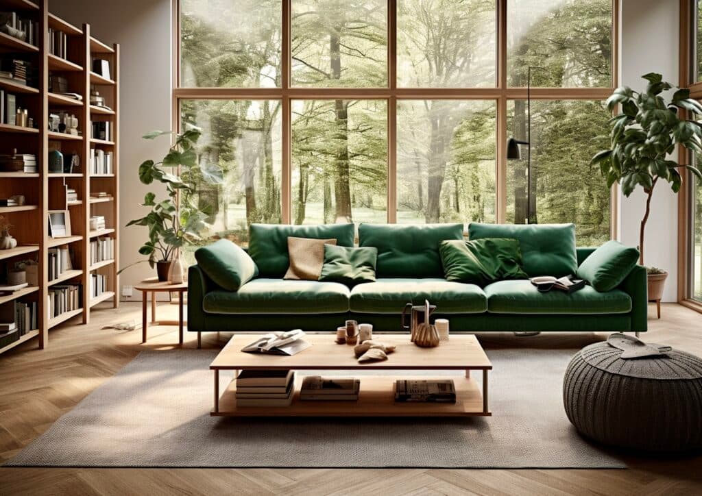 déco vert sapin salon canapé bois clair chêne bibliothèque