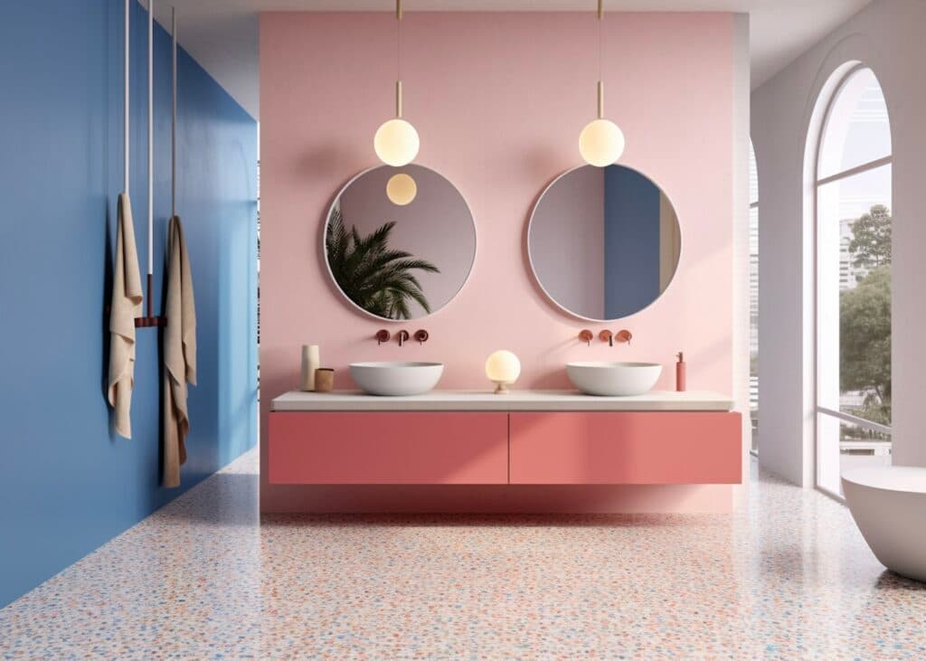 salle de bain bleue pastel mur rose sol terrazzo