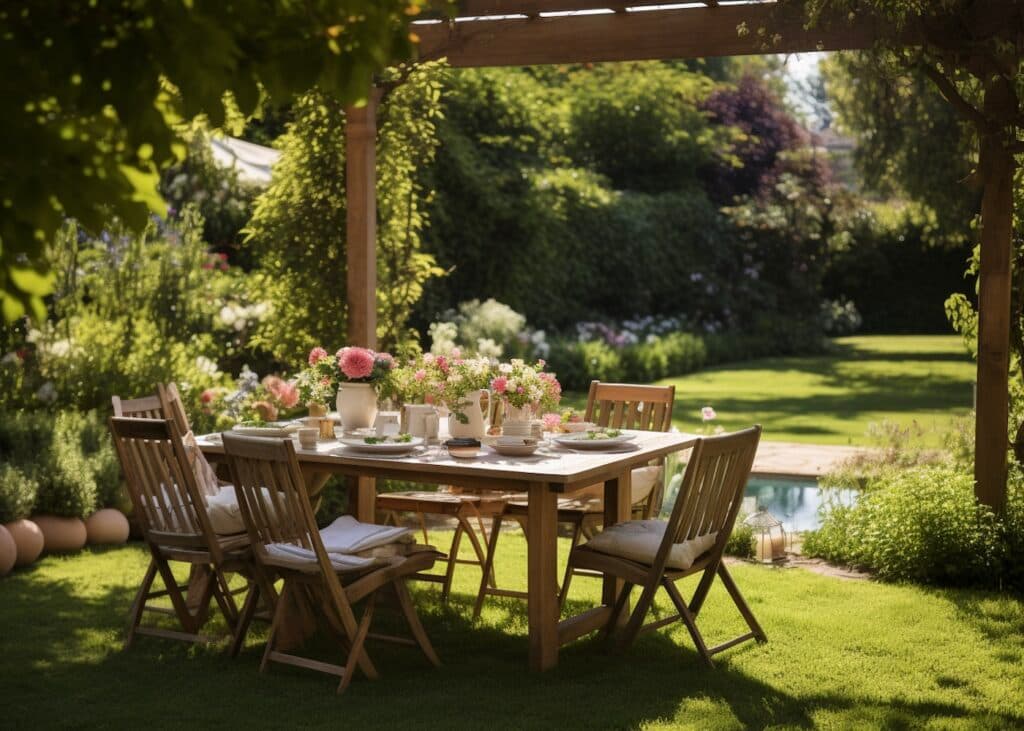 espace patio table de jardin bois - blog déco