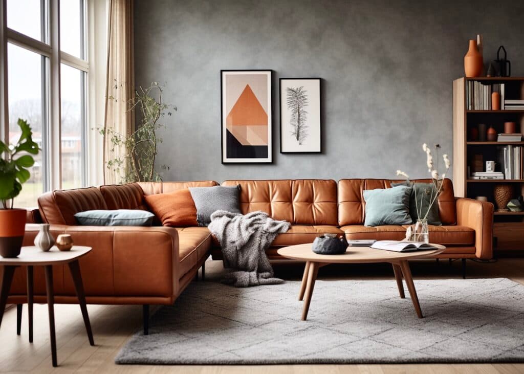 petit salon avec canapé angle cuir chesterfield marron rétro