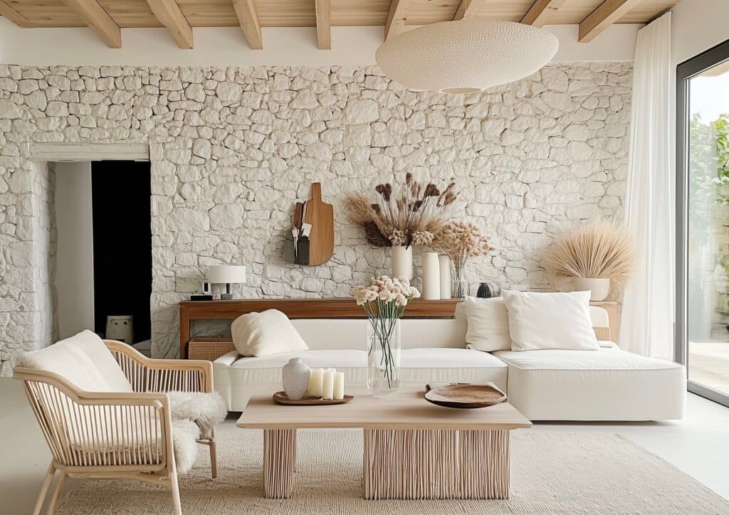 salon table chaise bois mur pierre suspension rotin