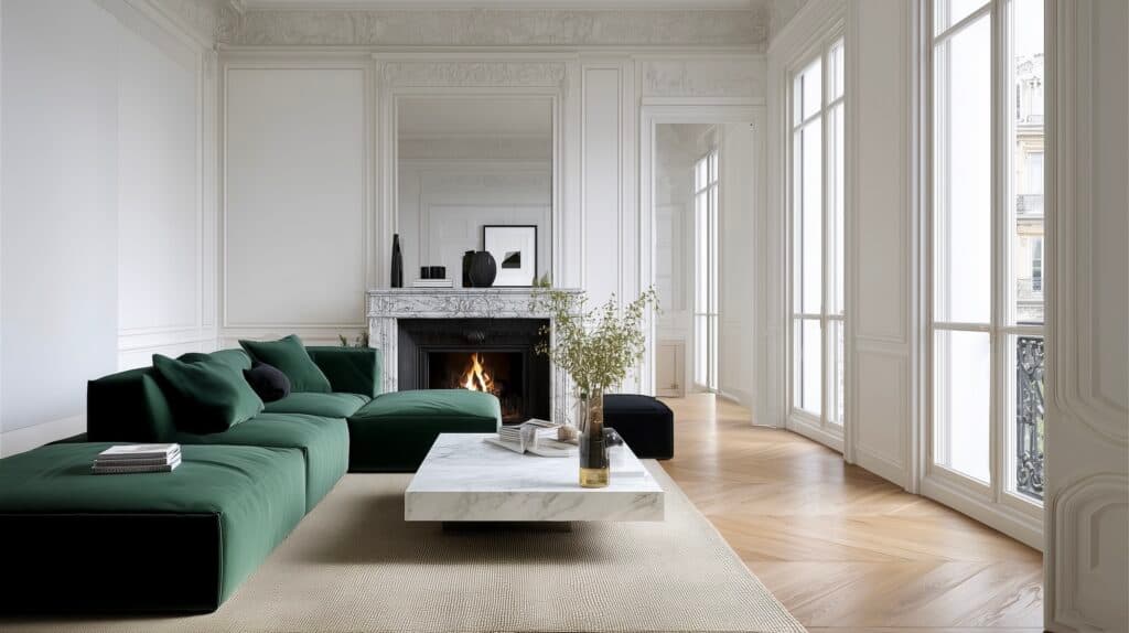 enlever bosses marques meuble tapis beige canapé velours vert