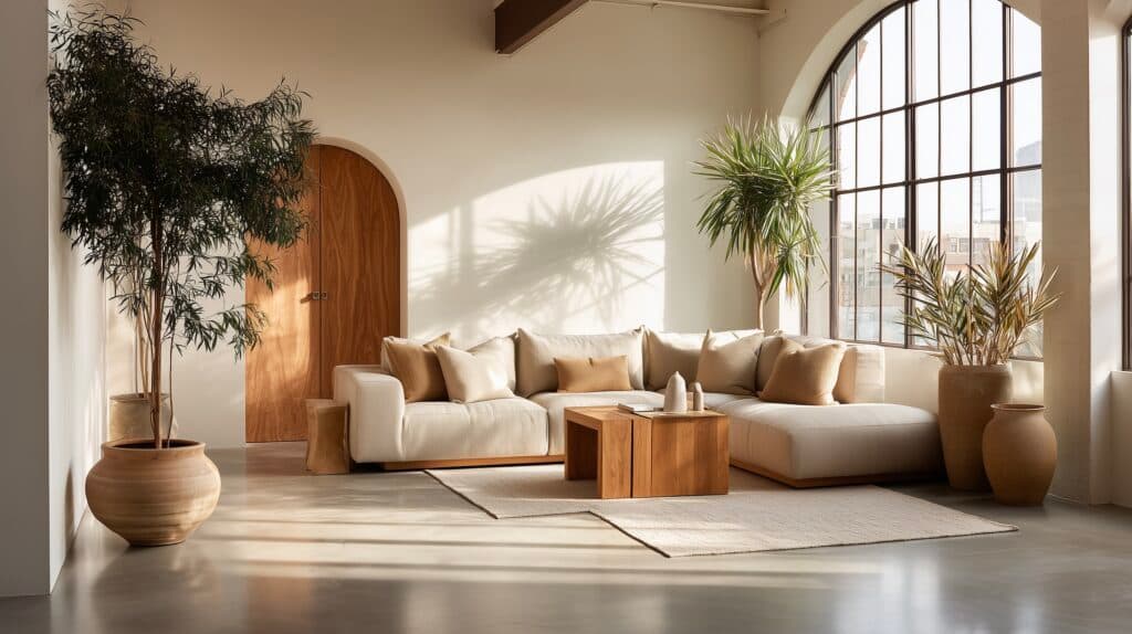 Salon contemporain avec sol en béton ciré ou microciment, canapé lin beige, table basse en bois et grande verrière cintrée baignée de lumière naturelle