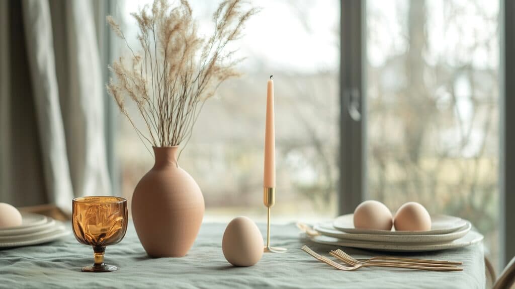 déco de Pâques originale table minimaliste vase terre oeufs lin