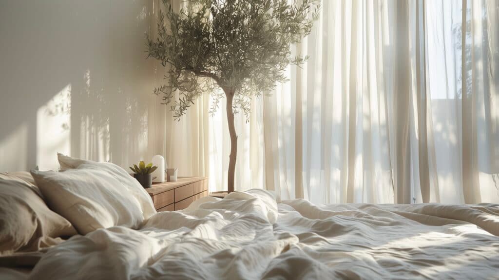 Chambre décorée avec housse de couette en lin sable, table de chevet en bois et lumière naturelle douce, style intérieur français minimaliste