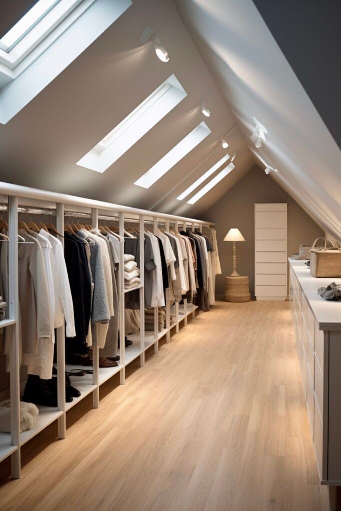 dressing ouvert couloir large poutres apparentes