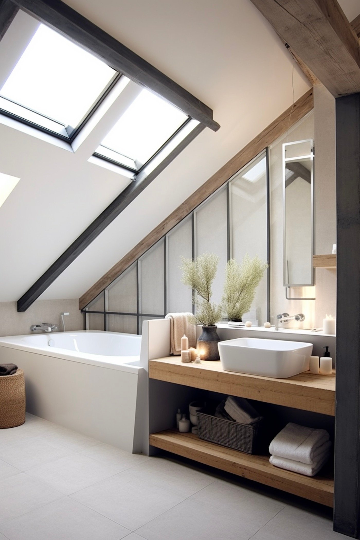 idée salle de bain bois poutres apparentes Velux
