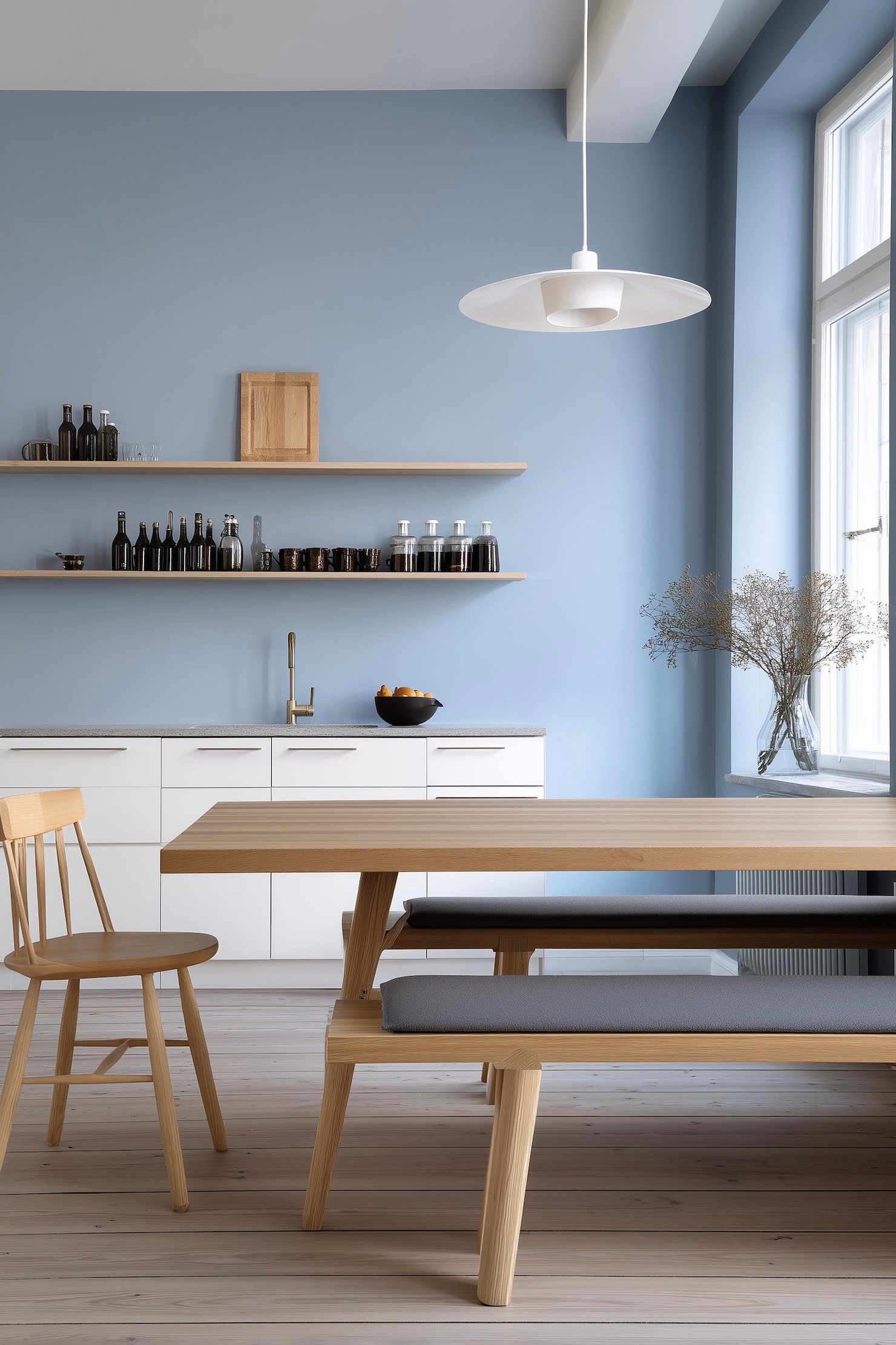 cuisine scandinave avec peinture mate bleu clair