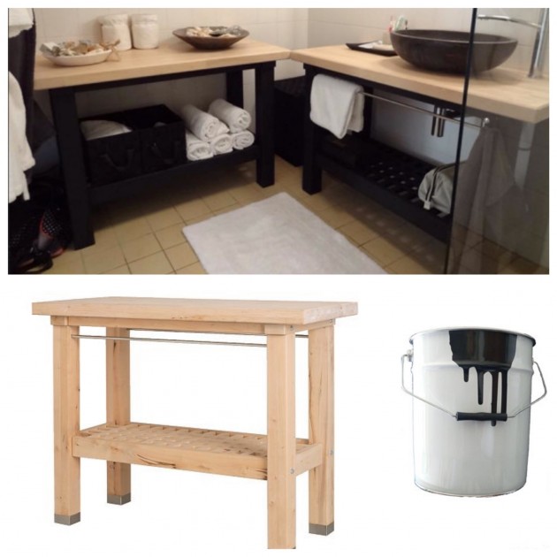 Un meuble de salle de bain en bouleau avec desserte IKEA