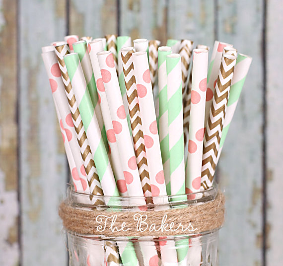 Pailles en papier rose corail vert menthe mint or chevrons pois.