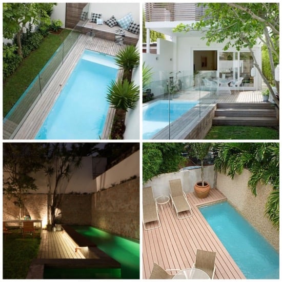 En longueur, entourée de bois et de verdure.