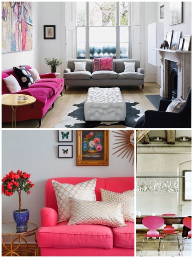 Salon canapé rose bonbon en velour idee deco.