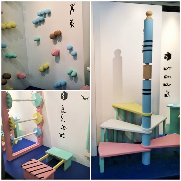 Mur d'escalade en boules de rampes d'escaliers, haltères et escalier infini. Une réalisation Lab' Lapeyre x Buro Bonus pour la Paris Design Week 2015.