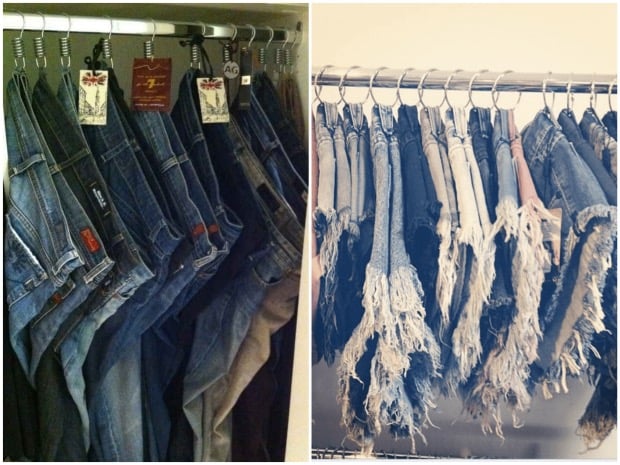 Utiliser les anneaux de rideaux de douche (4,55€ les 12) pour suspendre shorts et pantalons.