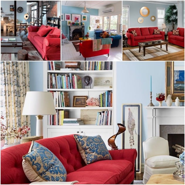 salon canapé rouge mur bleu gris poussérieux