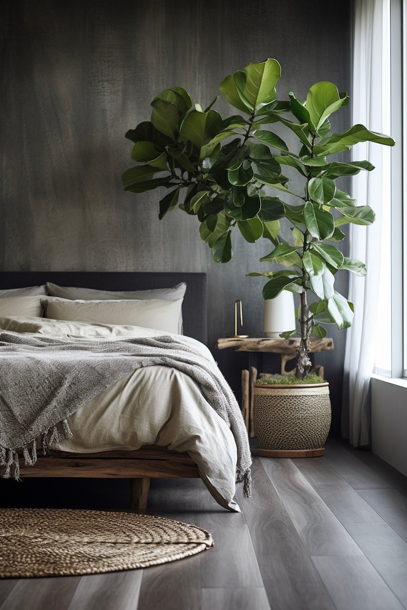 chambre grise Ficus lyrata inspiration déco asiatique