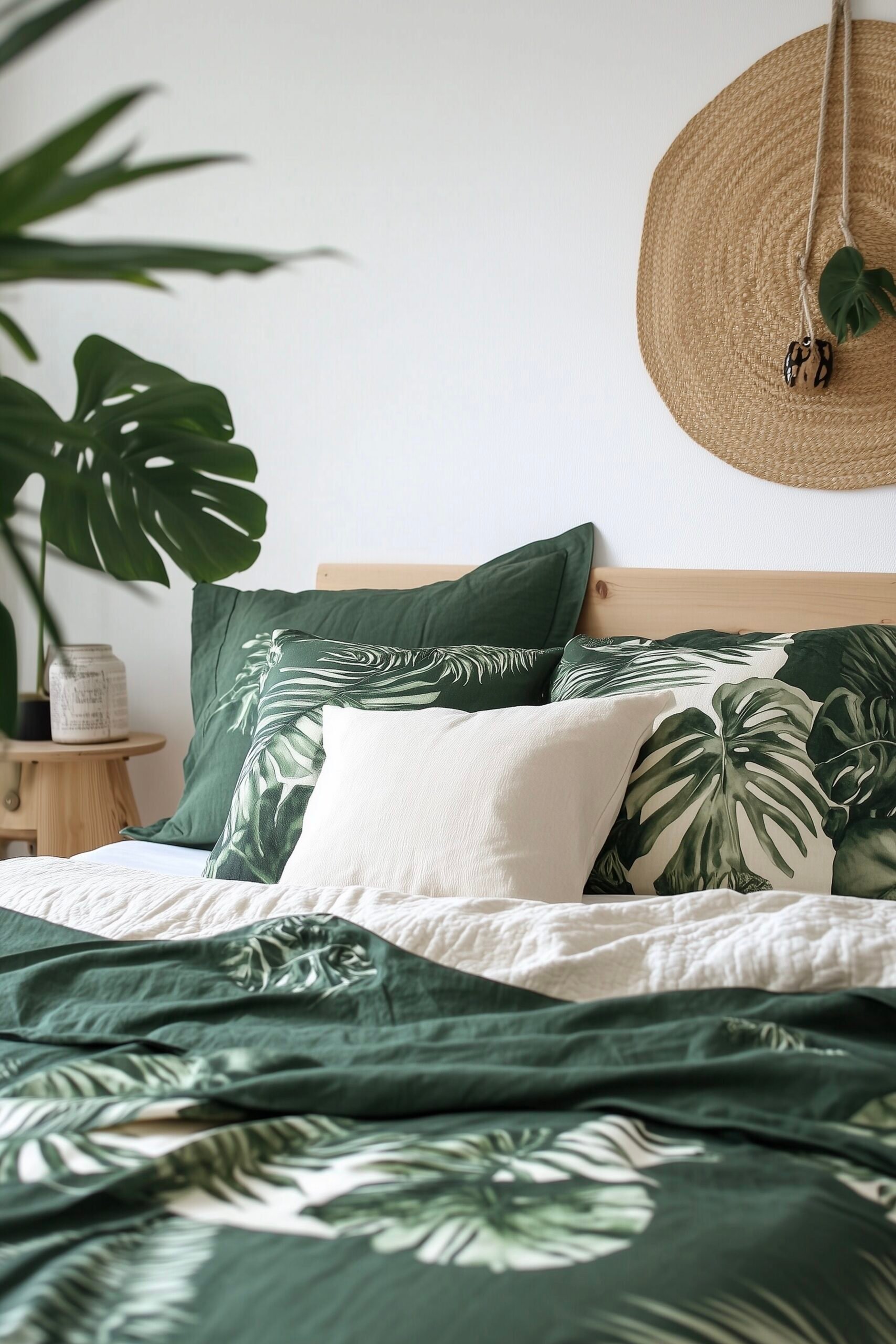 idée déco chambre nature blanc beige bois rotin vert