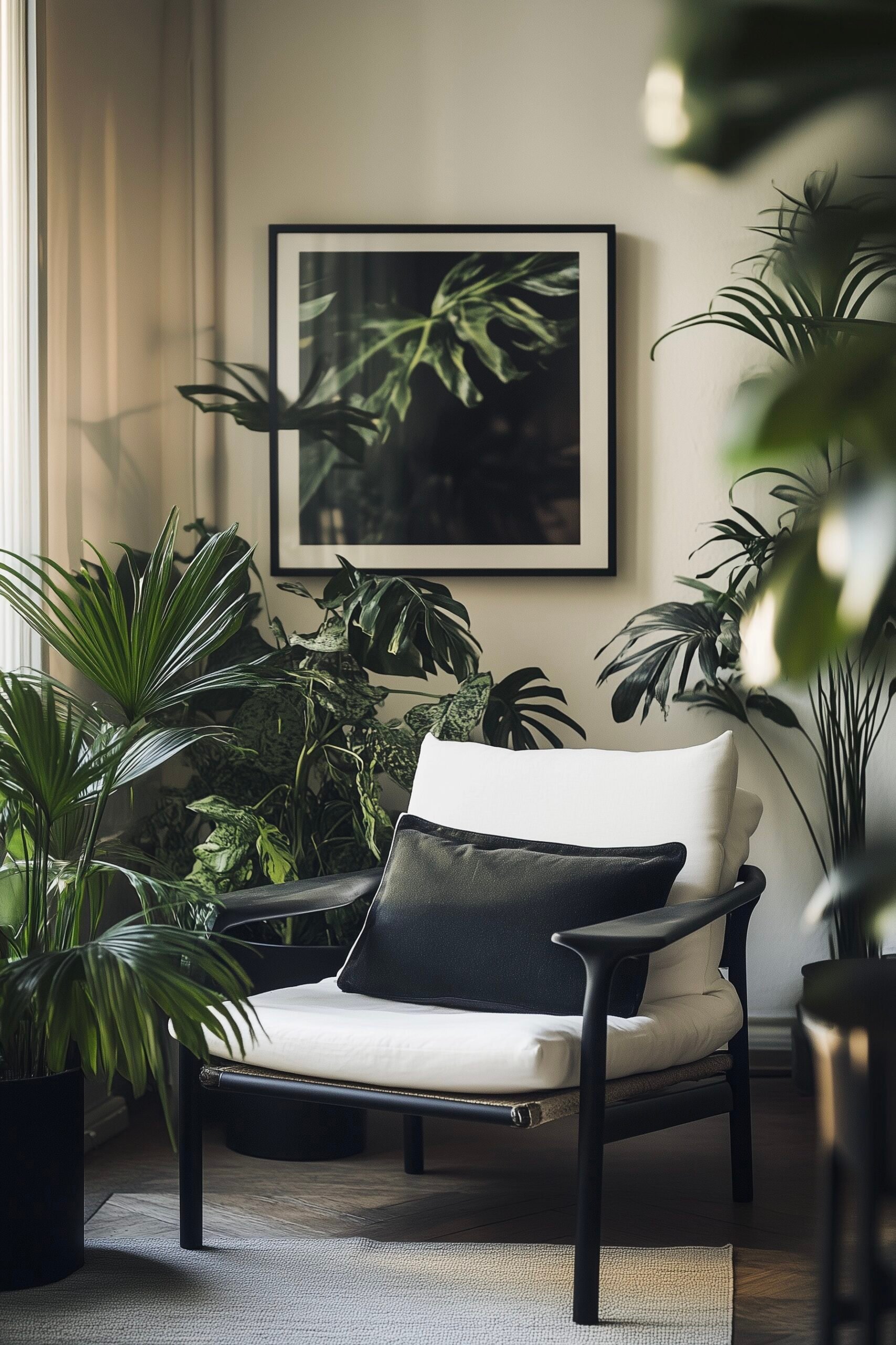 salon coin lecture noir blanc vert style exotique