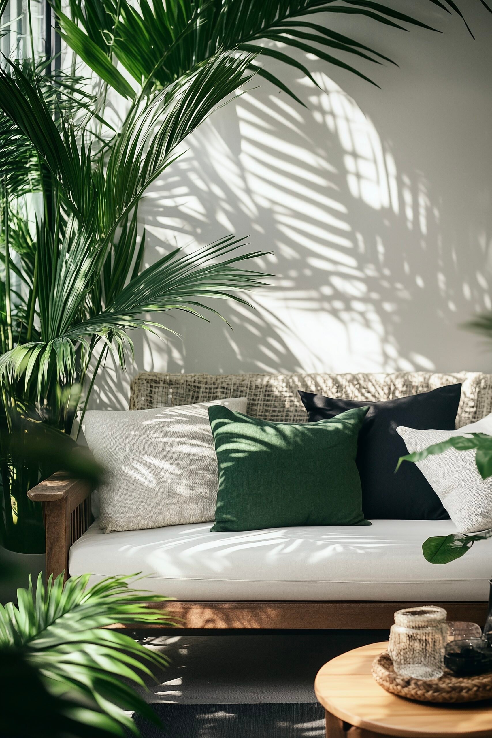 tendance jungle terrasse canapé blanc outdoor coussin vert