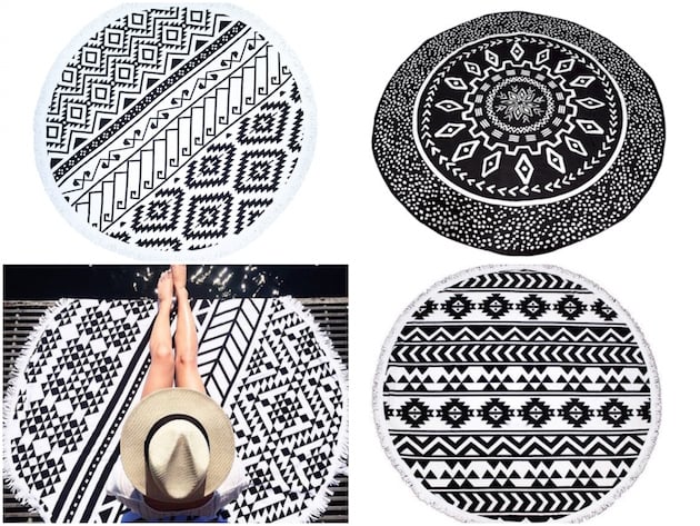 serviette de plage ronde noire et blanche motif ethnique bon plan