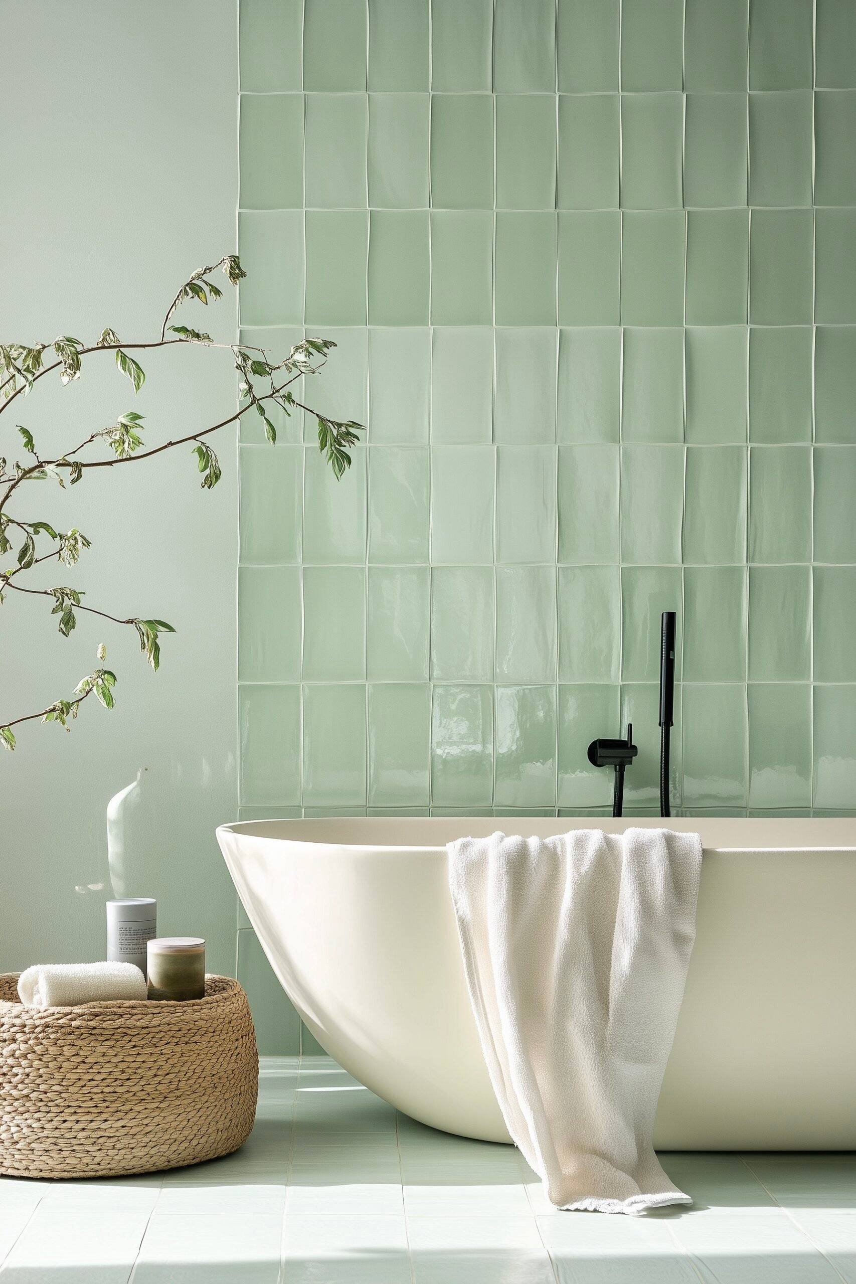 salle de bains céladon baignoire ilot blanche ronde