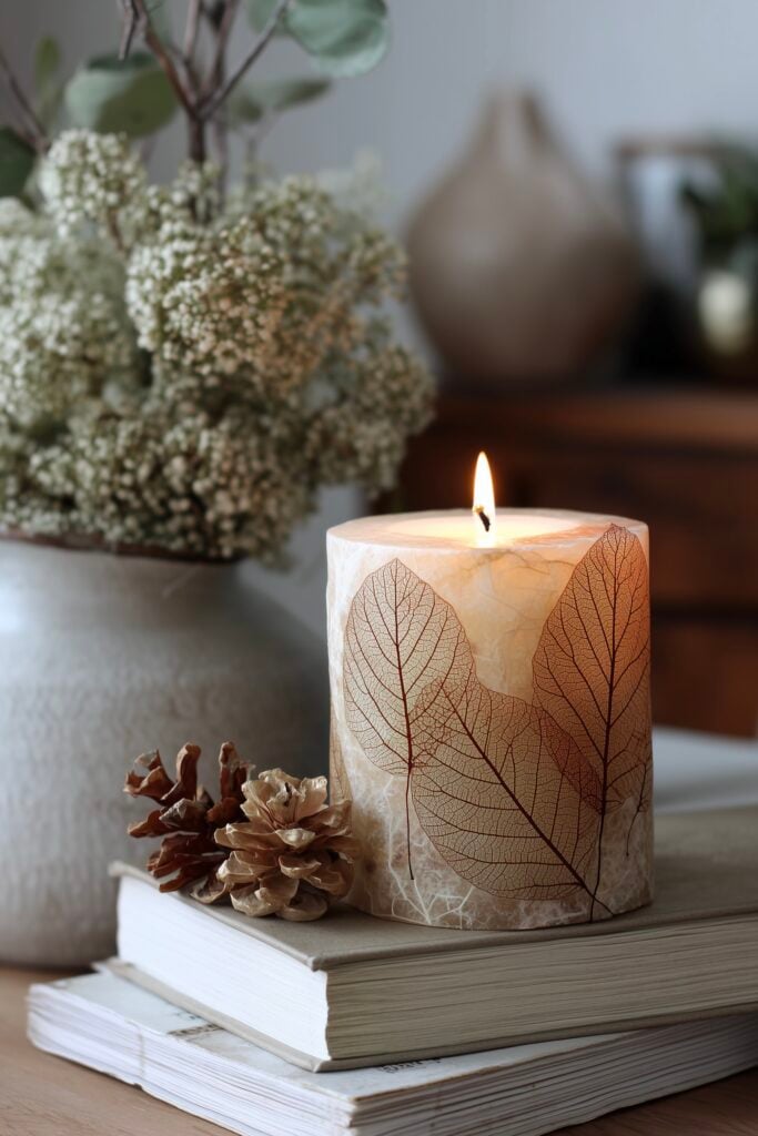 bougie déco avec feuilles pomme de pin