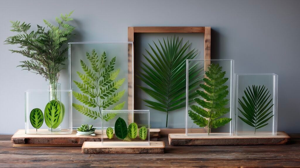 cadres feuilles vertes en verre et bois