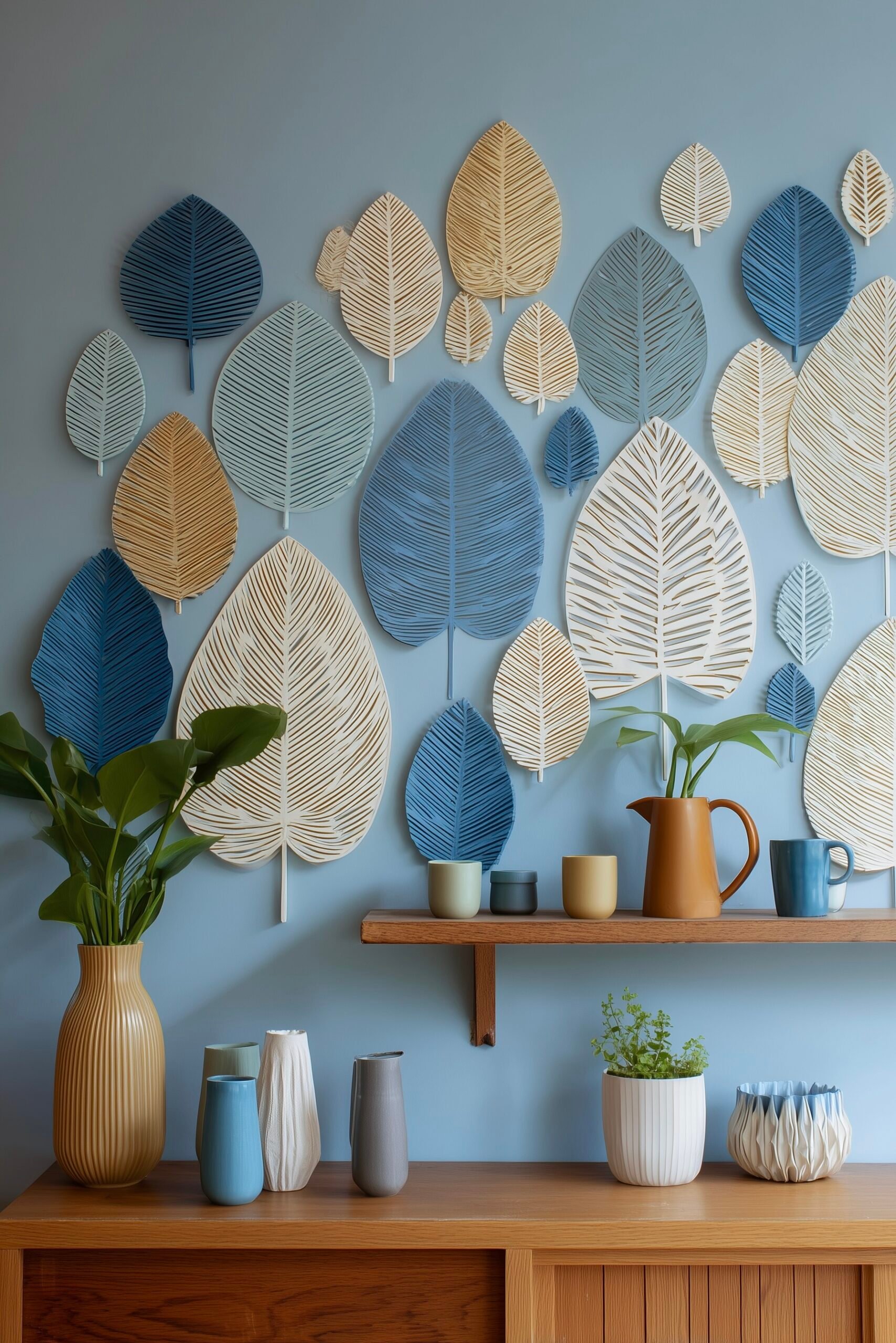 décoration murale feuilles design bleu beige